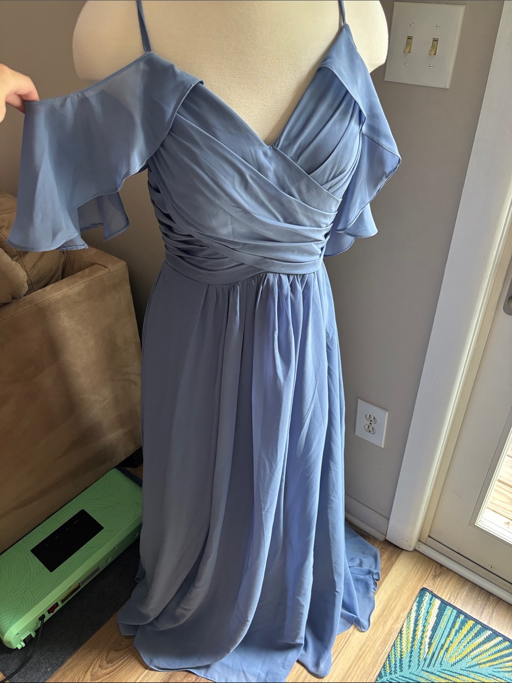 Elegant Light Blue Off-Shoulder Chiffon Maxi Dress